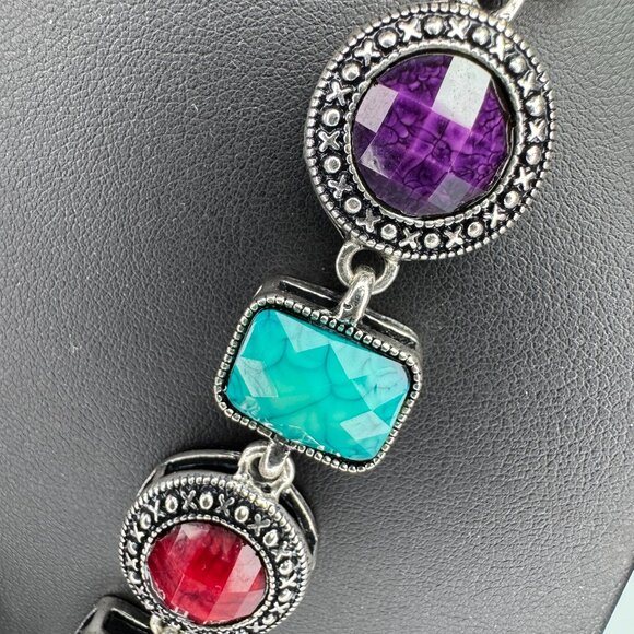 Silver Tone Statement Necklace Faceted Multicoloured Plastic Stones 20 inches - Picture 6 of 9